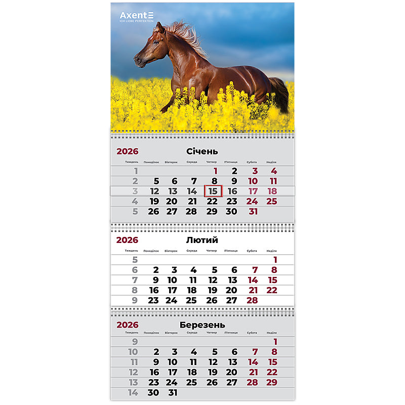 Календар настінний квартальний 2026 Axent Horses 1 8803-26-7-A, 3 пружини