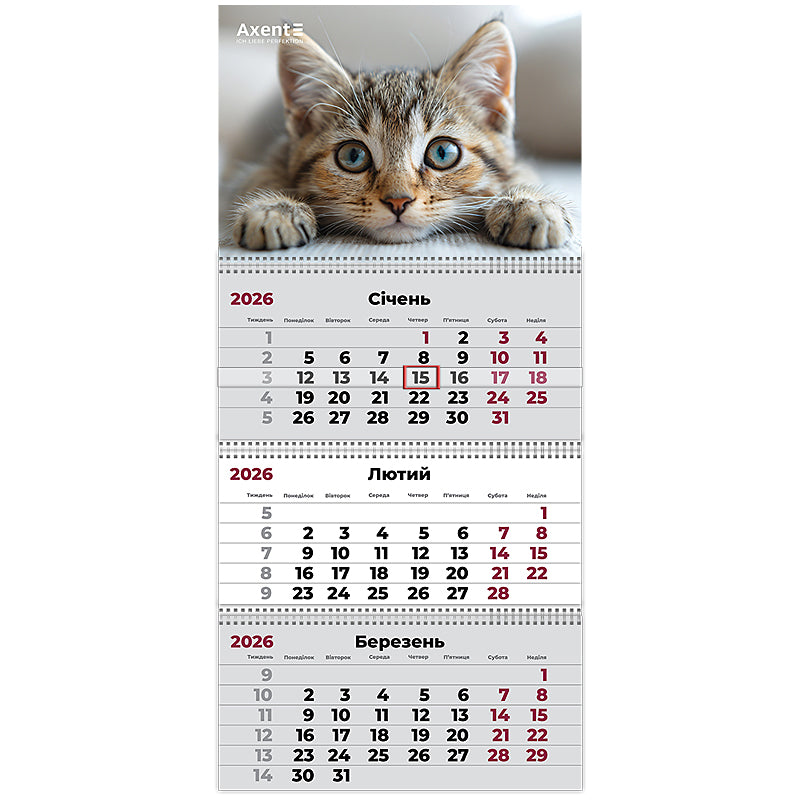 Календар настінний квартальний 2026 Axent Cats 1 8803-26-13-A, 3 пружини
